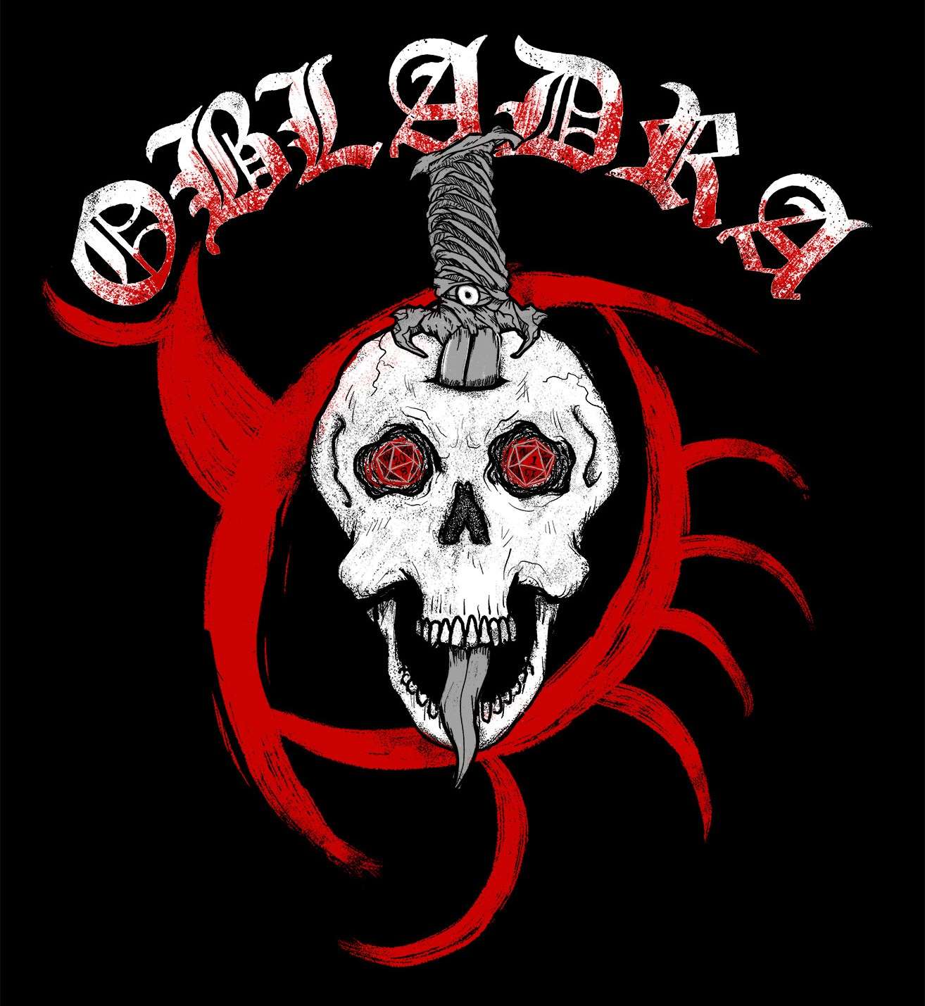 ombre back to red old gothic font reads 'obladra' underneath a skull has a dagger going through it. each eye socket of the skull has a twenty sided die. the left eye says 20 and the right says 1. 